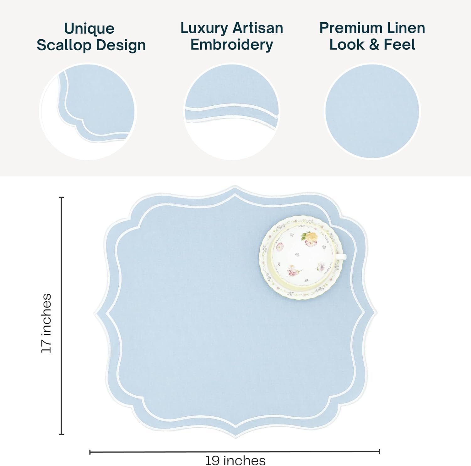 Cotton Linen Placemats Set of 4 - Double Layered, Machine Washable, Wrinkle Resistance, Scalloped & Embroidered Cloth Table Mats - Wedding, Easter Mat, Giftable, 19 x 17 inch, Light Blue