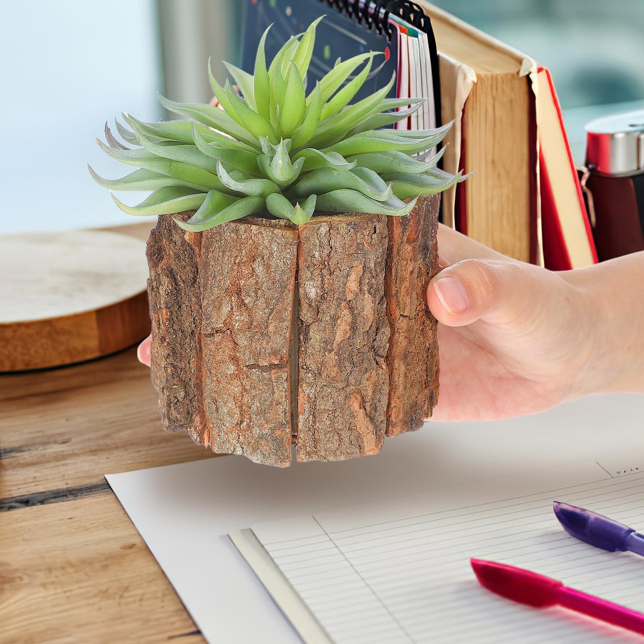 Housoutil Wooden Vase for Centerpieces, 3 Pack Wood Flower Vase Rustic Tree Stump Planter Pots, Wooden Bark Flower Bucket for Wedding, Farmhouse Christmas Table Decor, Round Bark Stump Pots （9cm*8cm）