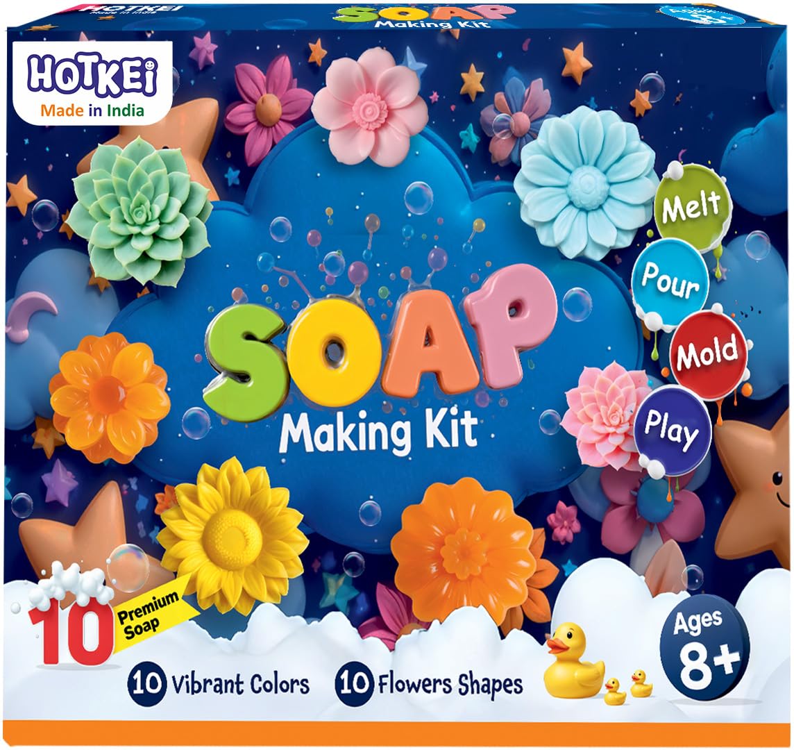 HOTKEI Soap Making Kit for Kids 8+ Years | 10 Premium Soap Bases with Fun Mould, Colors, Fragrances & Accessories | DIY Creative Gift Kit for Girls and Boys-image-32