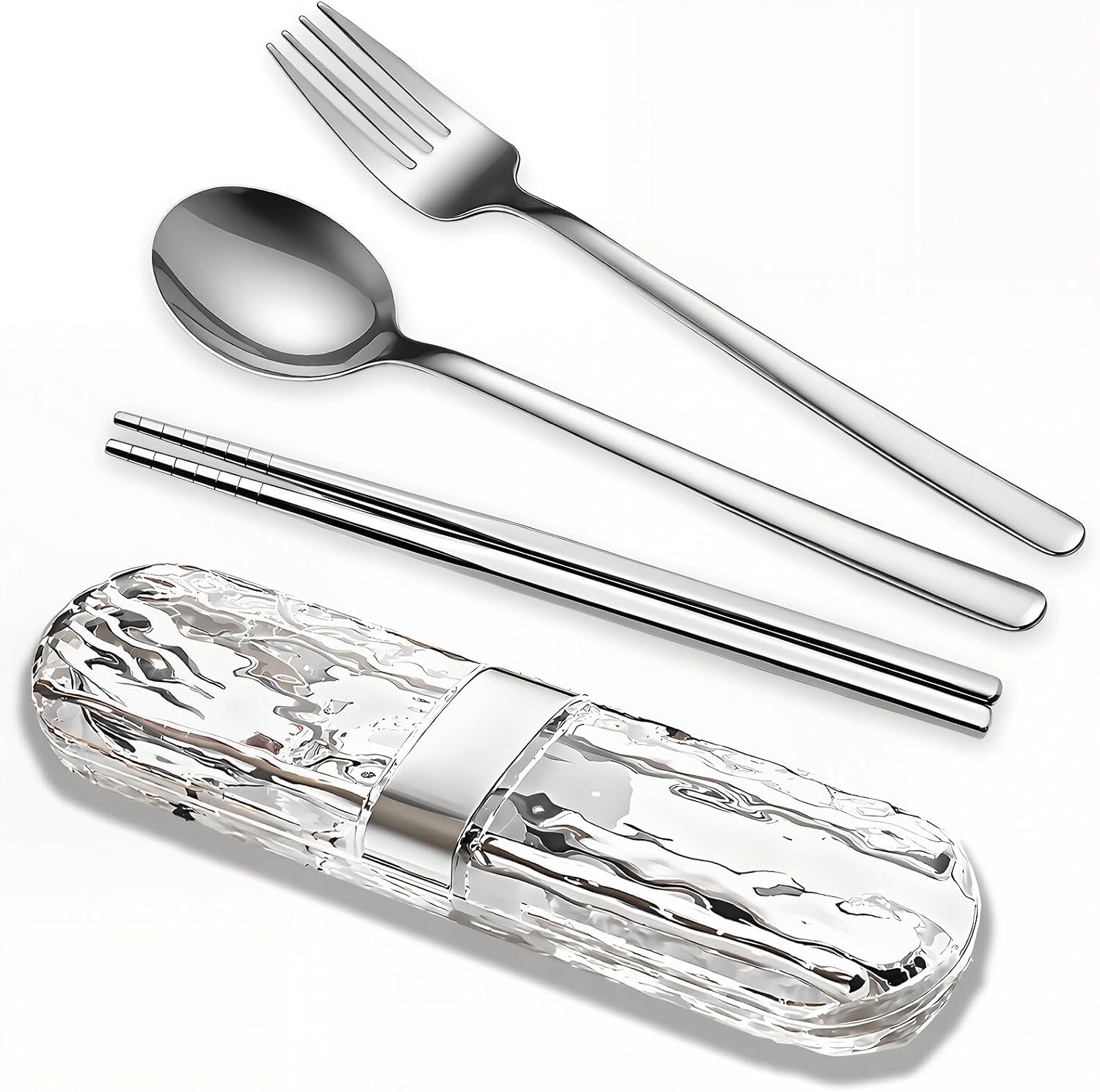 Travel Utensils Set,Silverware set with case Fork Spoon Chopstick SUS304 | Portable Reusable Flatware,18/8 Stainless Steel,3 Piece,7.32inc