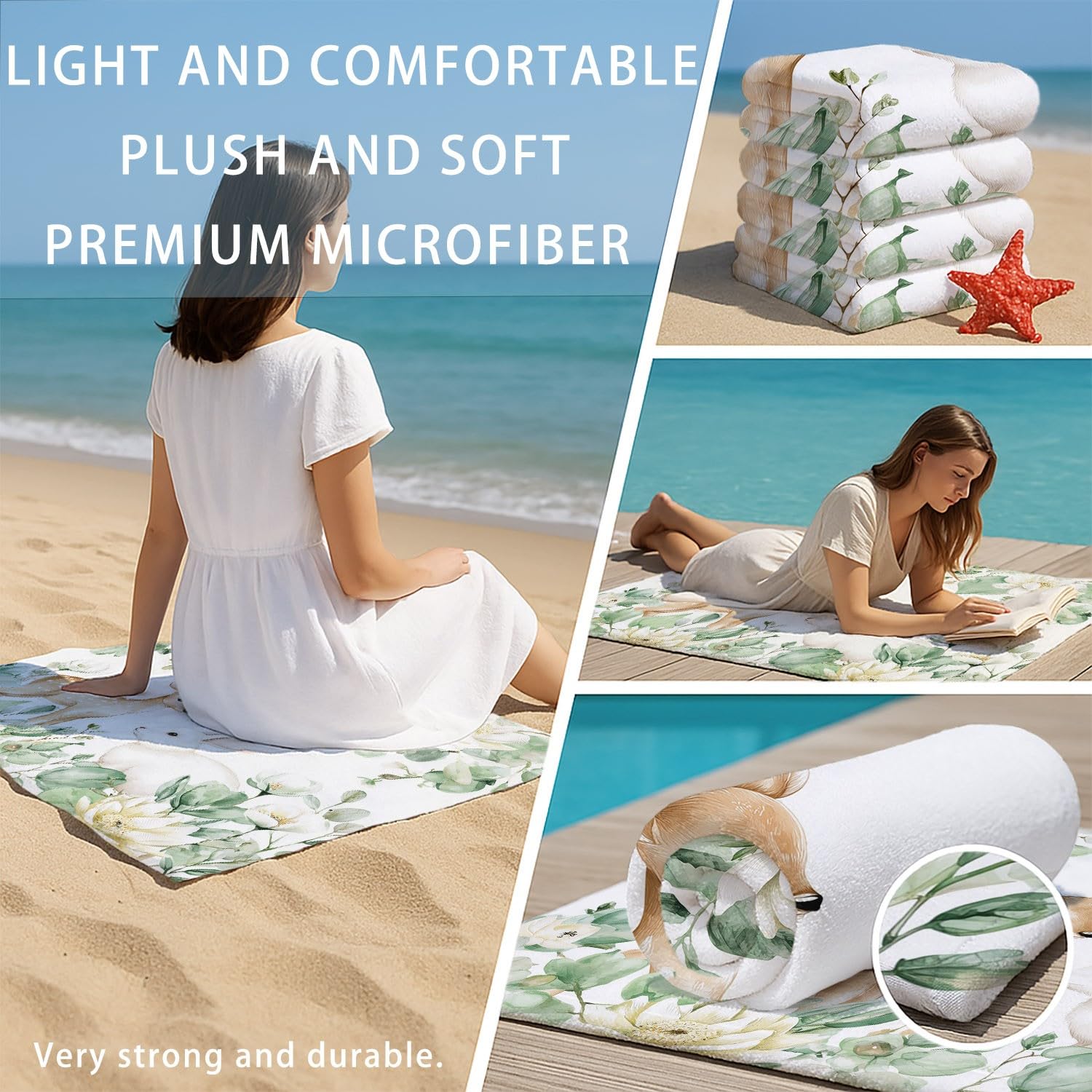 Générique Serviette de Plage Microfibre 200 x 100 CM,Drap de Plage Doux, Frais, Naturel, Style Livre d'images, Couverture de Plage Absorbante,Couverture de Bain Plantes, Faon, Petit Lapin, Fleurs