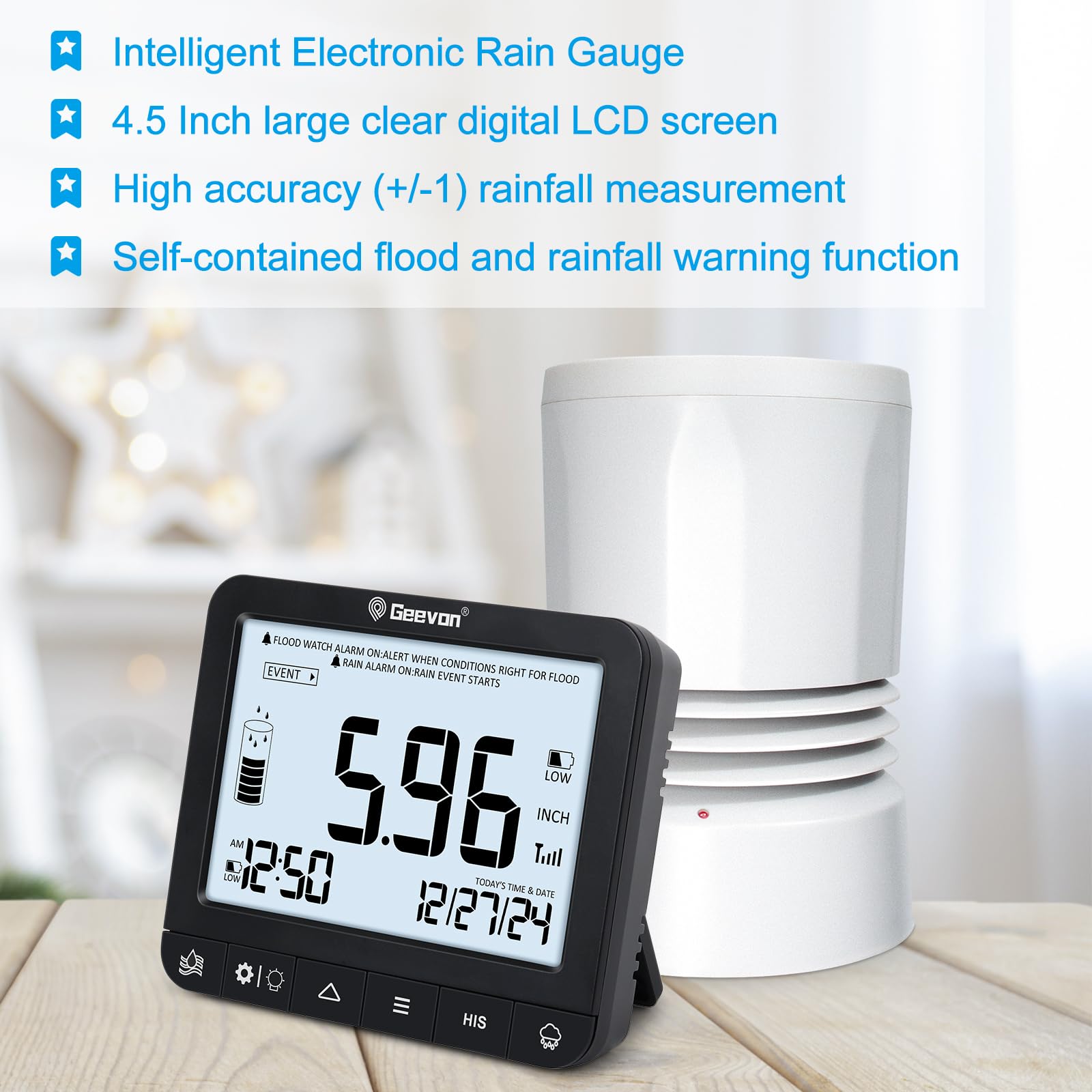 Geevon Tragbarer kabelloser Regenmesser mit Digitalanzeige für den Innenbereich, hochpräzise Niederschlagsmessung, perfekt für Garten und Bauernhof im Freien, Echtzeit-Regenfallmessung und