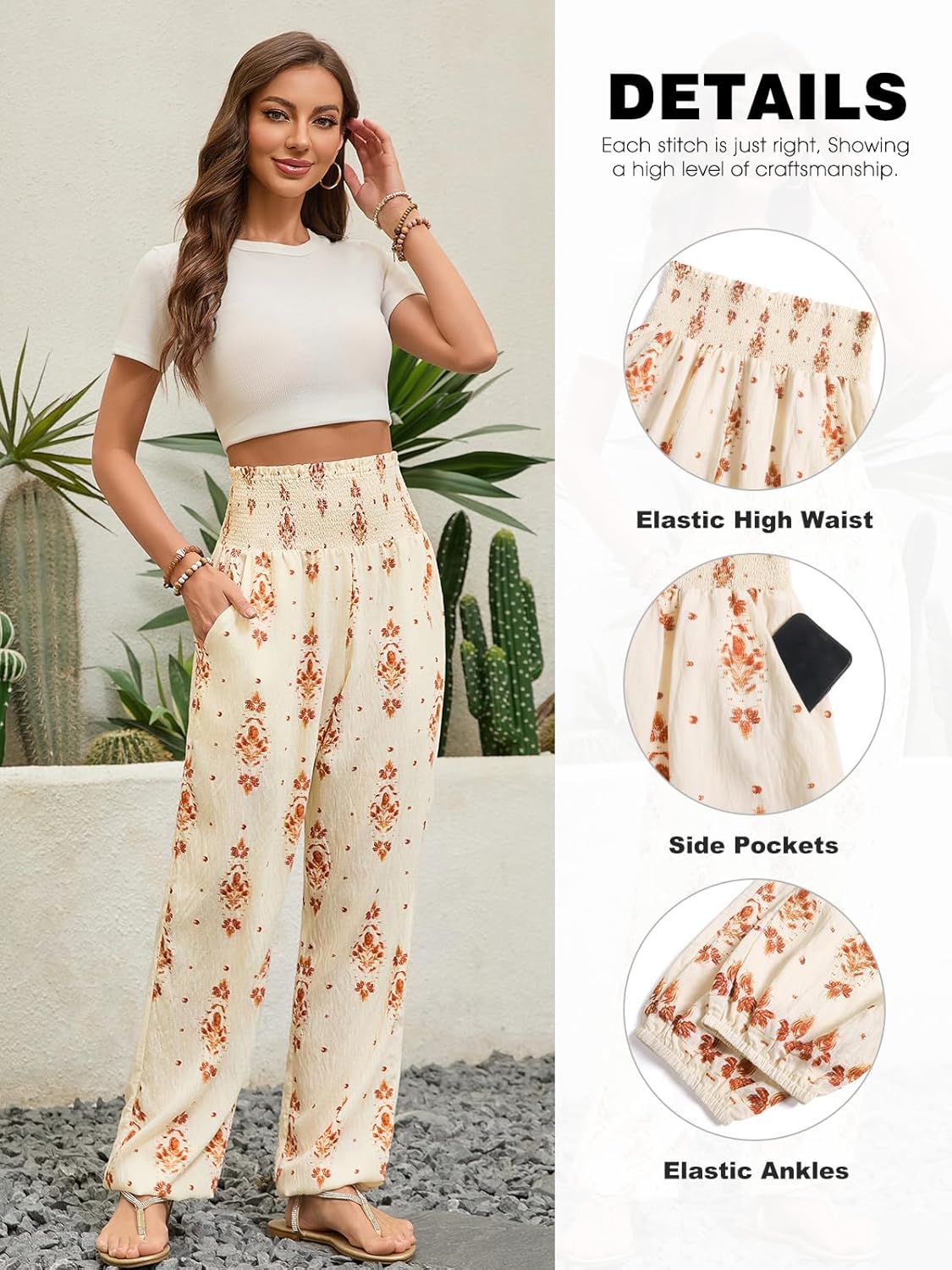 QIANXIZHAN Women's Harem Pants, Hippie Boho Pants High Waist Flowy Yoga Pants with Pockets - Image 4