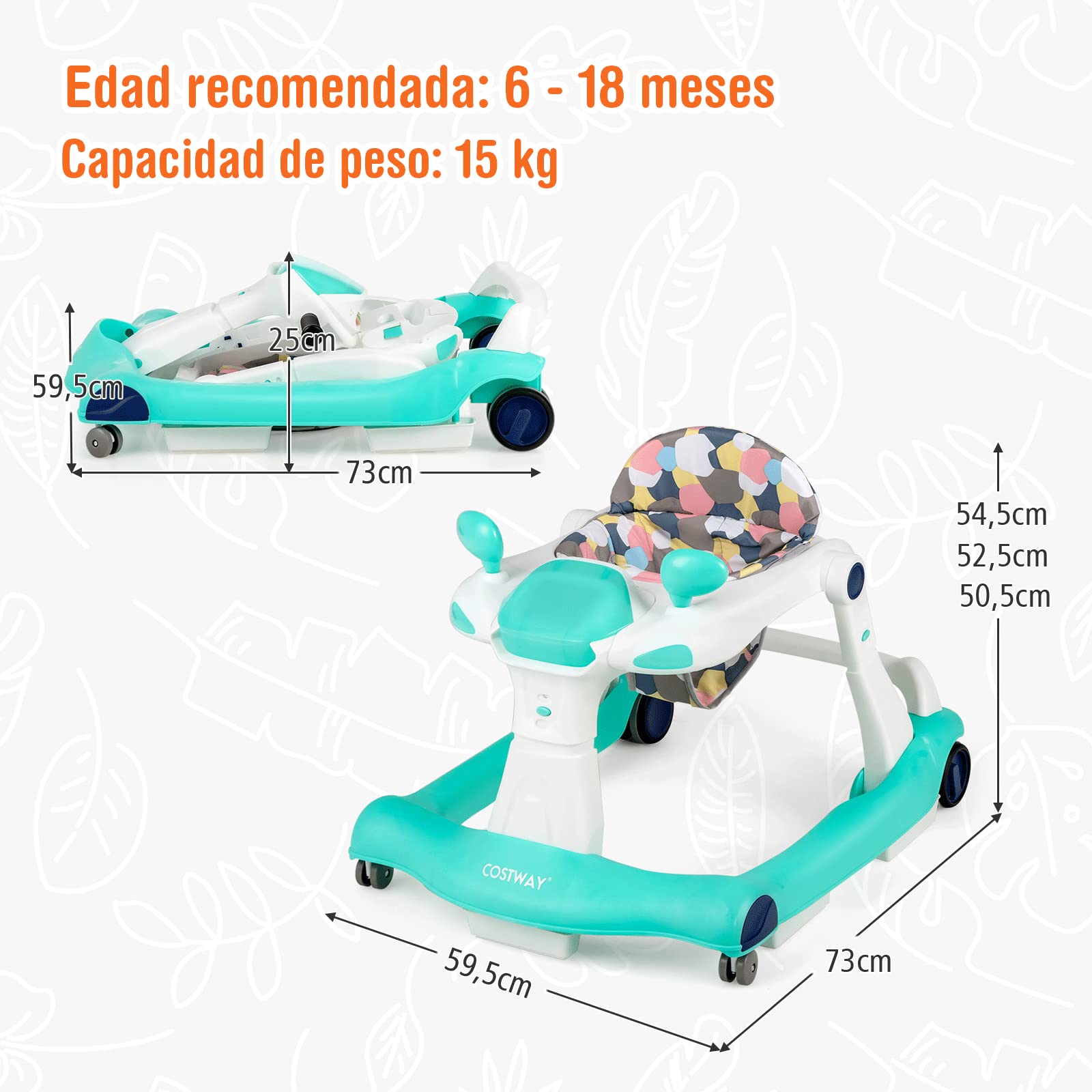 COSTWAY Andador 2 en 1 para Niños, Plegable con Altura y Velocidad Regulables, Carillón con Luces, Volante y Cojín Cómodo, de Empuje para Niños de 6 a 18 Meses