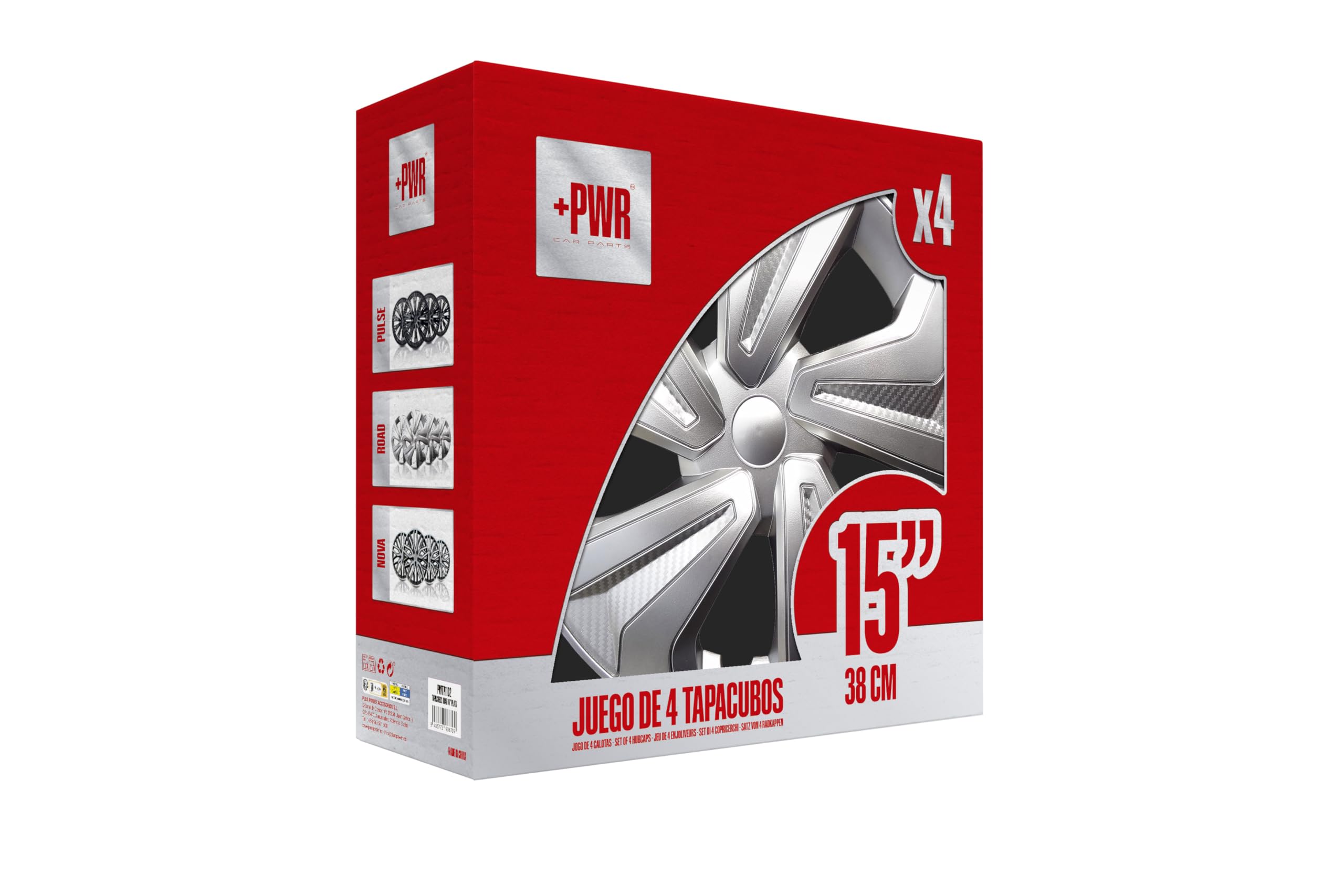 +PWR Car Parts Copricerchi 15" Road Argento, Set di 4 Unità, Universali, ABS ad Alto Impatto, Fissaggio a Pressione, Design Moderno e Ventilazione Ottimizzata - 4
