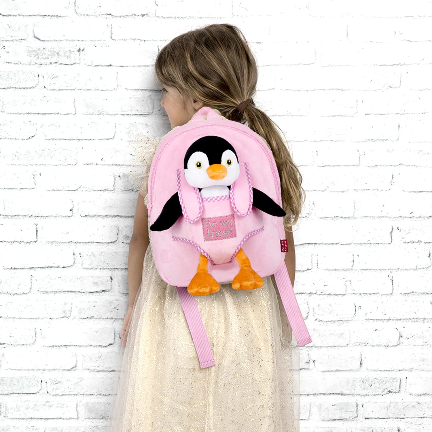 PERLETTI - Mochila Infantil Grande de Animal de Peluche - Bolso para Niños Niñas 3 4 5 Años con Muñeco Extraíble para Escuela Guarderia Viaje - Bolsa Escolar Suave - 21x27x9 cm