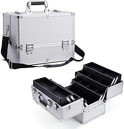 Joligrace Makeup Case Nail Case Vanity Case Professional Makeup Storage Boxes Manicure Jewellery Cosmetic Box Organizer with Shoulder Strap Beauty Travel Case Silver