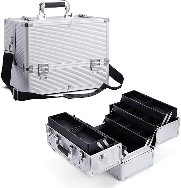 Joligrace Makeup Case Nail Case Vanity Case Professional Makeup Storage Boxes Manicure Jewellery Cosmetic Box Organizer with Shoulder Strap Beauty Travel Case Silver - 1