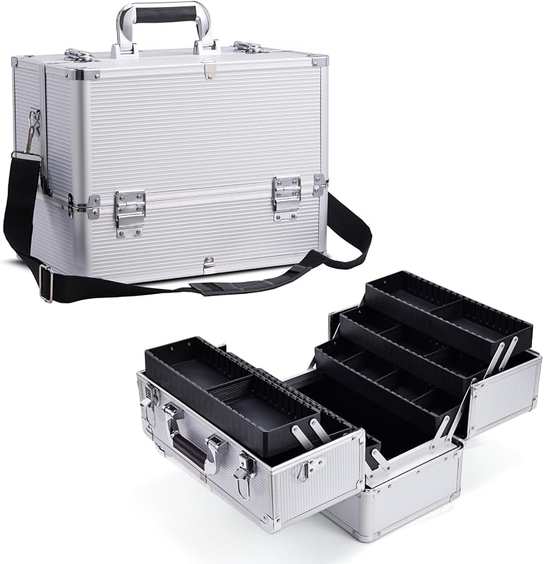 Joligrace Makeup Case Nail Case Vanity Case Professional Makeup Storage Boxes Manicure Jewellery Cosmetic Box Organizer with Shoulder Strap Beauty Travel Case Silver