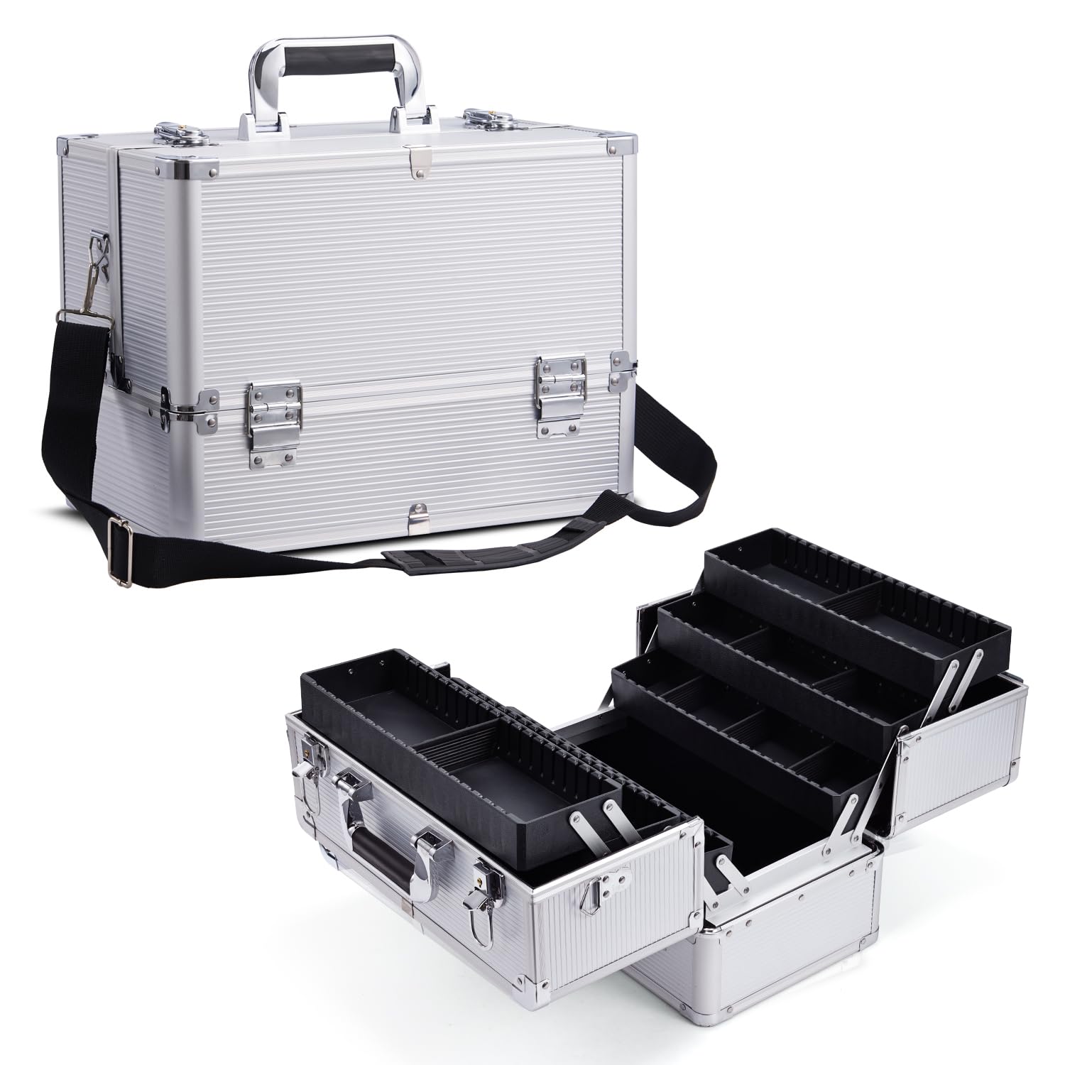 Joligrace Makeup Case Nail Case Vanity Case Professional Makeup Storage Boxes Manicure Jewellery Cosmetic Box Organizer with Shoulder Strap Beauty Travel Case Silver - 1