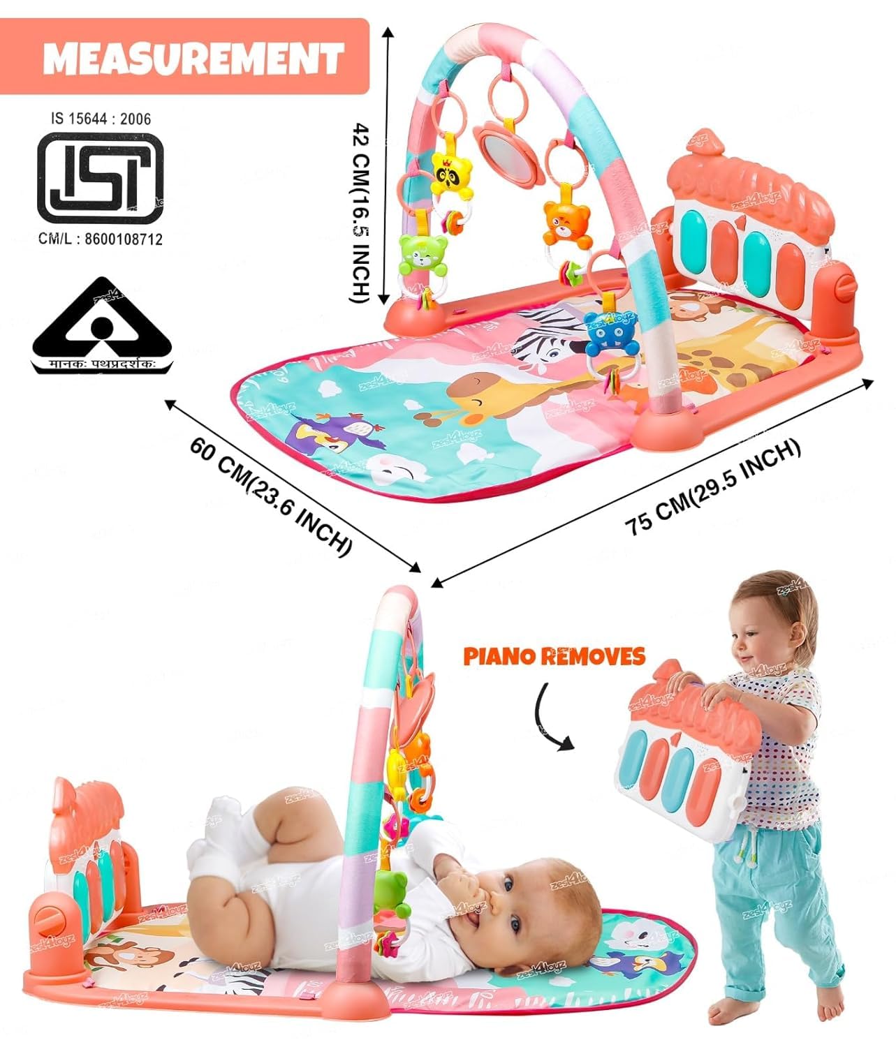 Zest 4 Toyz Musical Piano Baby Play Gym Mat Kids Activity Gym Mat with Music Lights Baby Crawling Mat for Newborn 0 to 3 6 9 12 Months (Pink) - Image 3 thumbnail