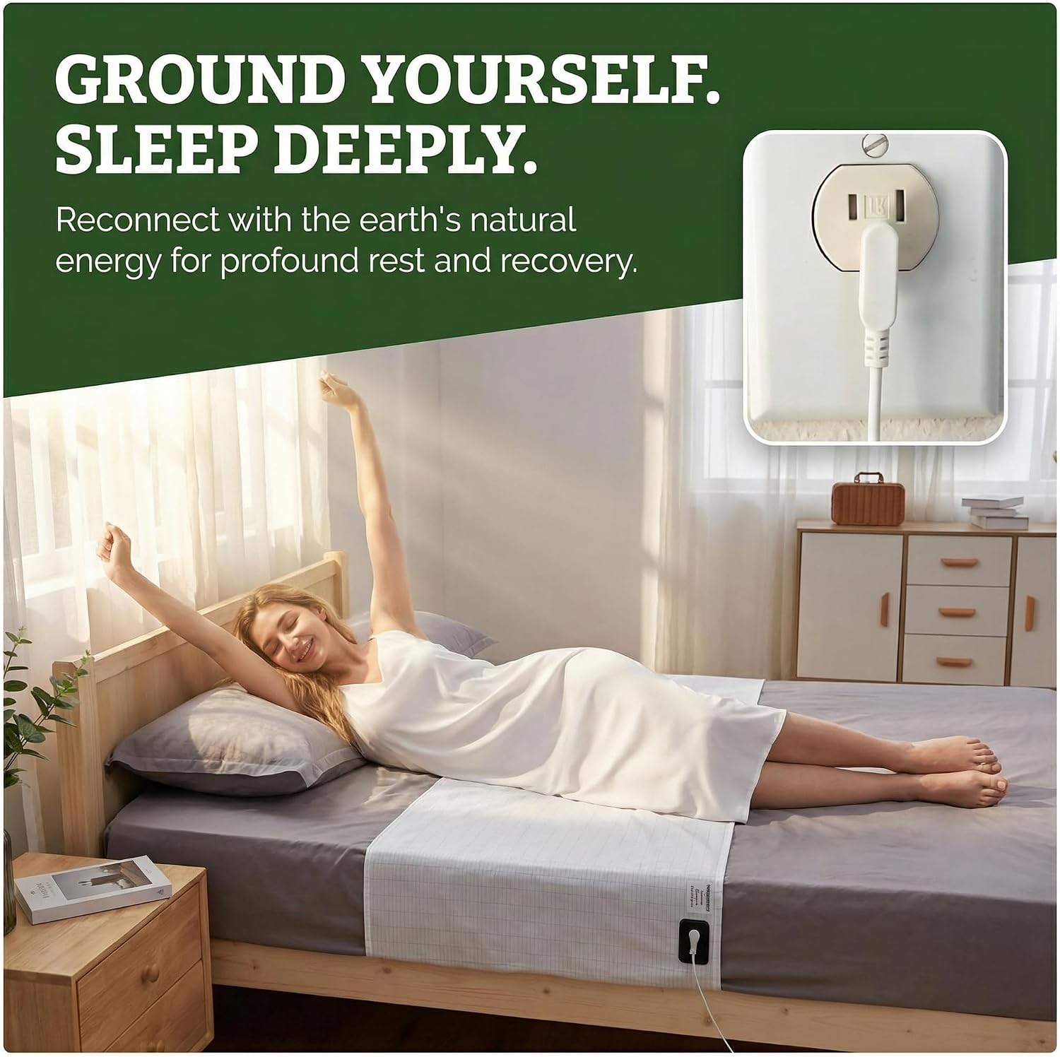 EarthingWell Grounding Sheet, Organic Cotton & Silver Fiber Grounded Fitted Sheet, Fits All Bed Sizes, 50k Ohm Safety Resistor Earthing Bedsheet for Sleep, Relaxation & Wellness(20" x 104")