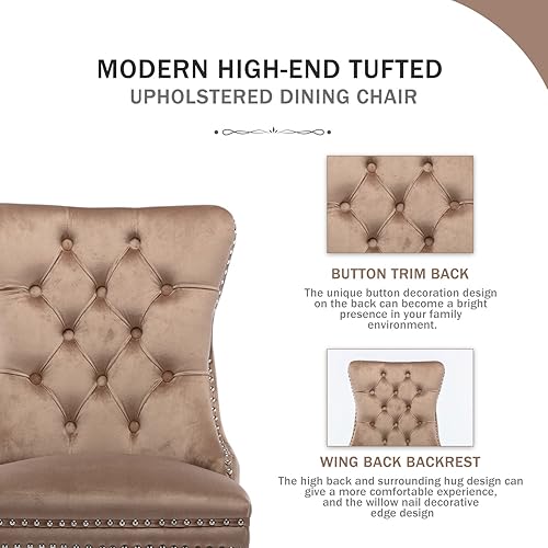 Miniatura 3 de Kiztir Juego de 2 sillas de comedor de terciopelo, sillas de comedor tapizadas con ribete de anillo y respaldo con botón, silla de comedor copetuda