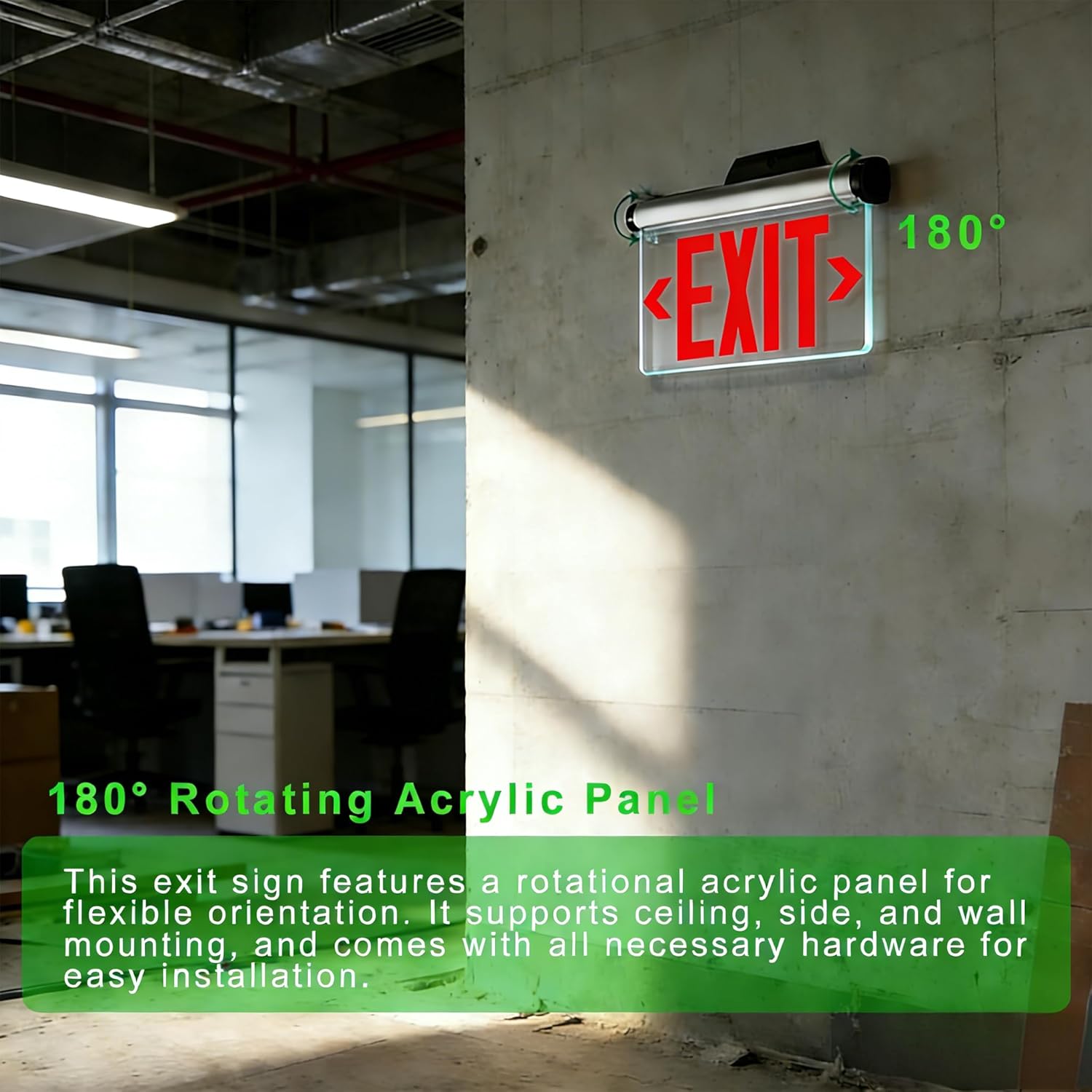LED Emergency Exit Sign with Backup Battery UL Certified Wall Ceiling Mounting Acrylic Clear Replaceable Panel Removable Indicator Arrows, Fire Resistant GSEL-200SR