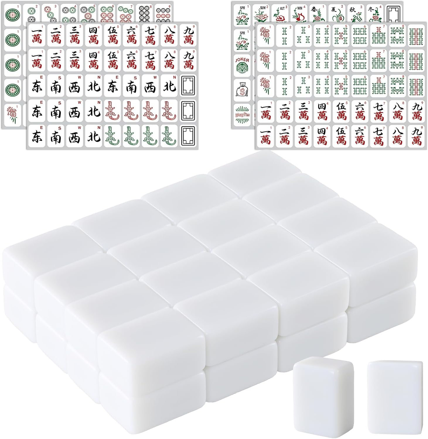 gisgfim Blank Mahjong Tiles Set Include 28 Pcs Blank Mahjong and 180 Pcs American Tile Decal Stickers Suitable for 1.2 Inches Standard Size American Tiles Replace Lost Tile Can Be Used