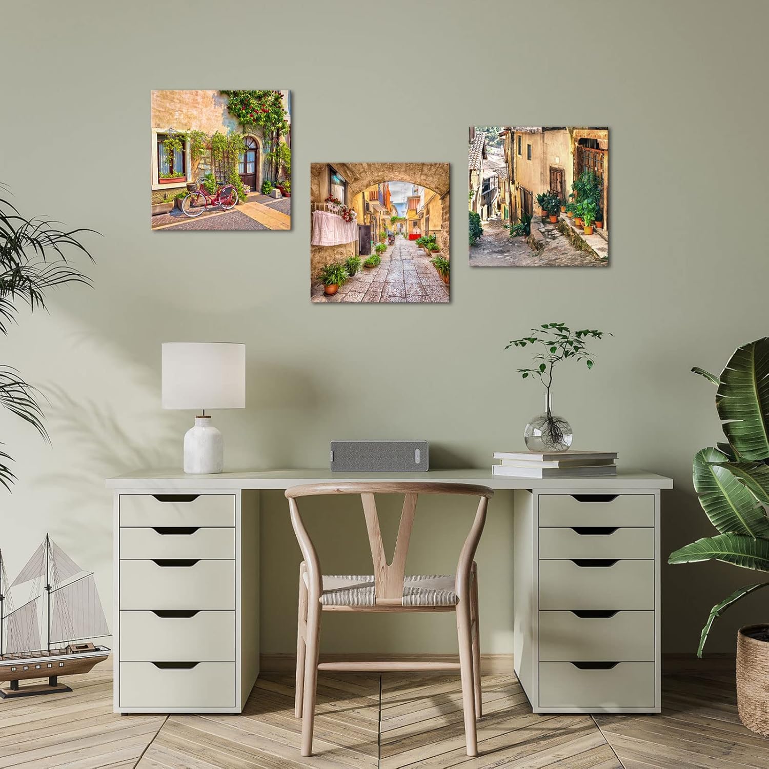 OuElegent 3 Pieces Mediterranean Canvas Wall Art Prints for Bedroom Living Room Vintage Italy Village Landscape Modern Colorful Painting for Bathroom Home Decoration Ready to Hang 16"x16"x3 Pcs