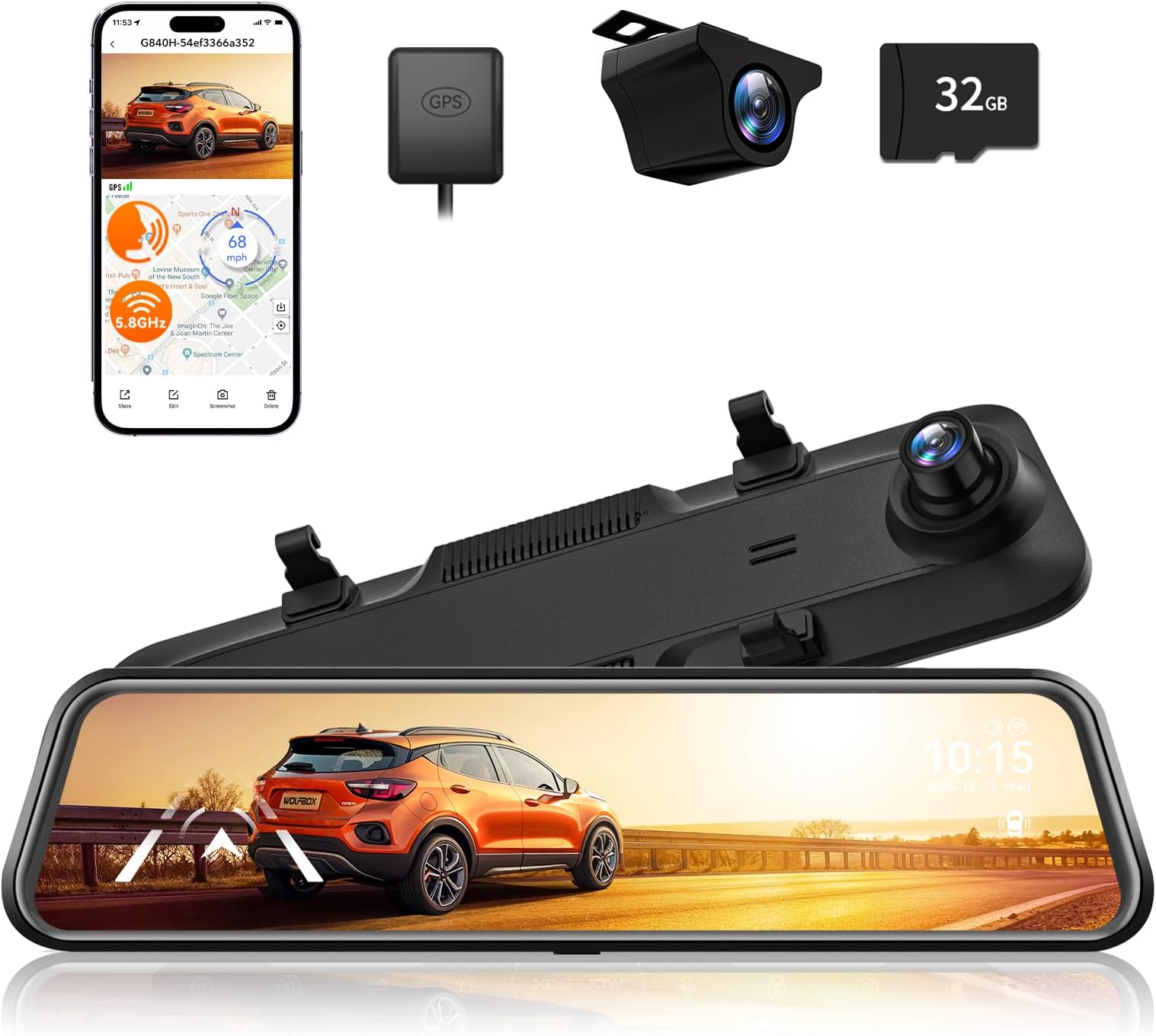 WOLFBOX 12" Mirror Dash Cam with WiFi 2.5K Rear View Mirror Camera with 1080P Rear Camera WiFi Mirror Drive Recorder Front and Rear 32GB Card & GPS