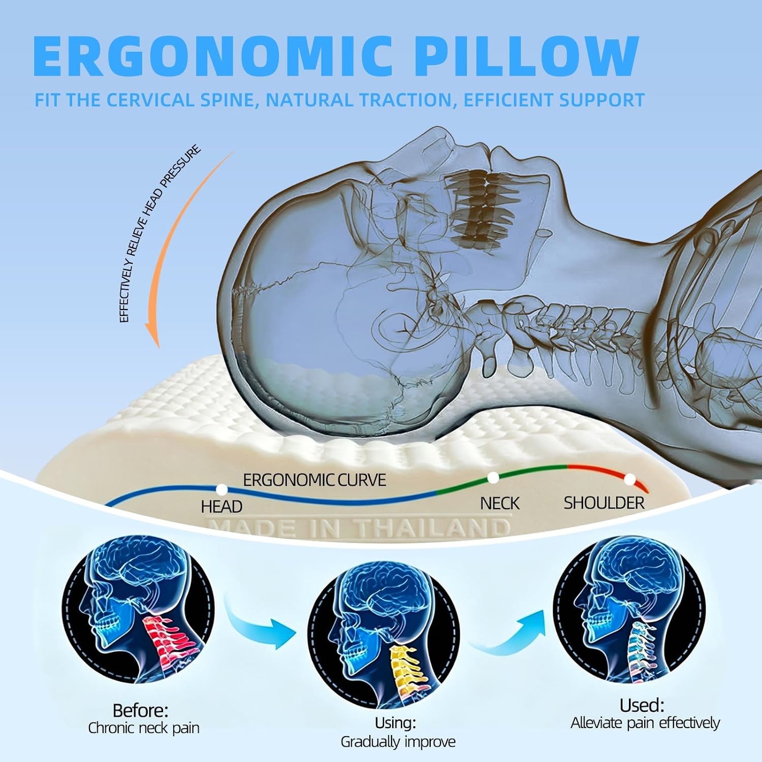 Natural Thai Latex Pillow with Removable Cotton Pillowcase for Sleeping