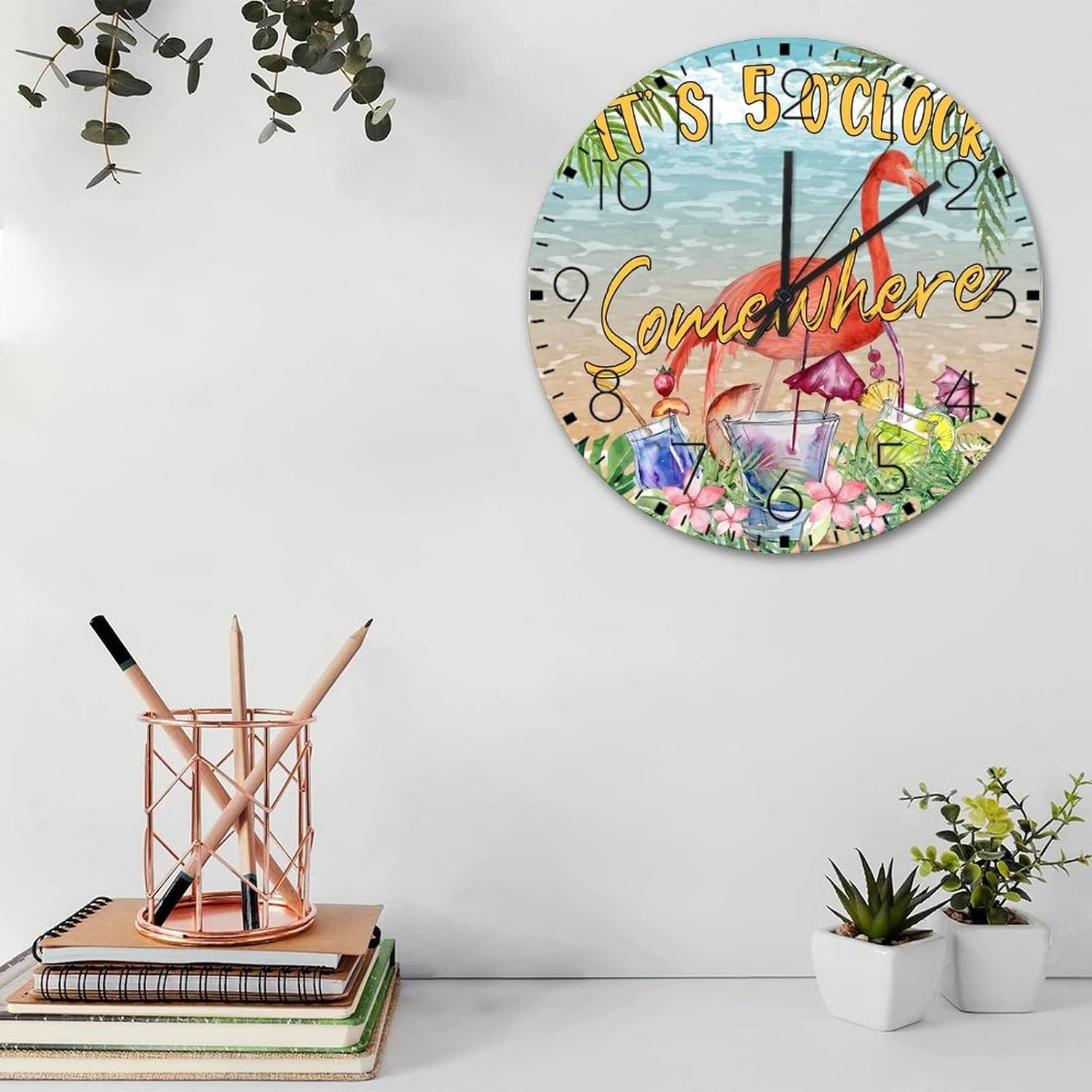 15 Inch Silent Non-Ticking Wall Clocks Battery Operated It's Five O'clock Somewhere Home Decor for Living Room Macaw Flamingo Animal Pet Custom Round Wooden Wall Clock Country for Dining Room New Home
