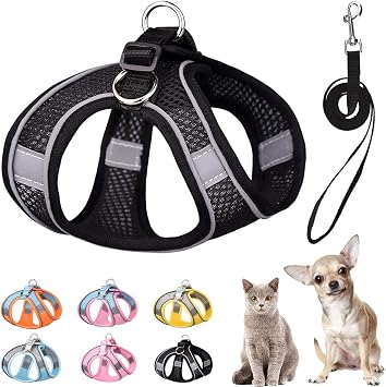 Soft Small Dog Harness and Leash Set Mesh Puppy Harnesses Leash Easy Walk Dog Vest Adjustable Reflective No Pull Dogs Harnesses for Small Dogs Cats Black, XXS