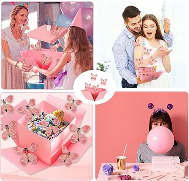 Pink Butterfly Explosion Gift Box with 4 Flying Butterflies,Surprise Gift Box Explosion,Creative Surprise Opening DIY Exploding Gift Boxes for Birthdays,Christmas,Anniversaries and Special Occasions