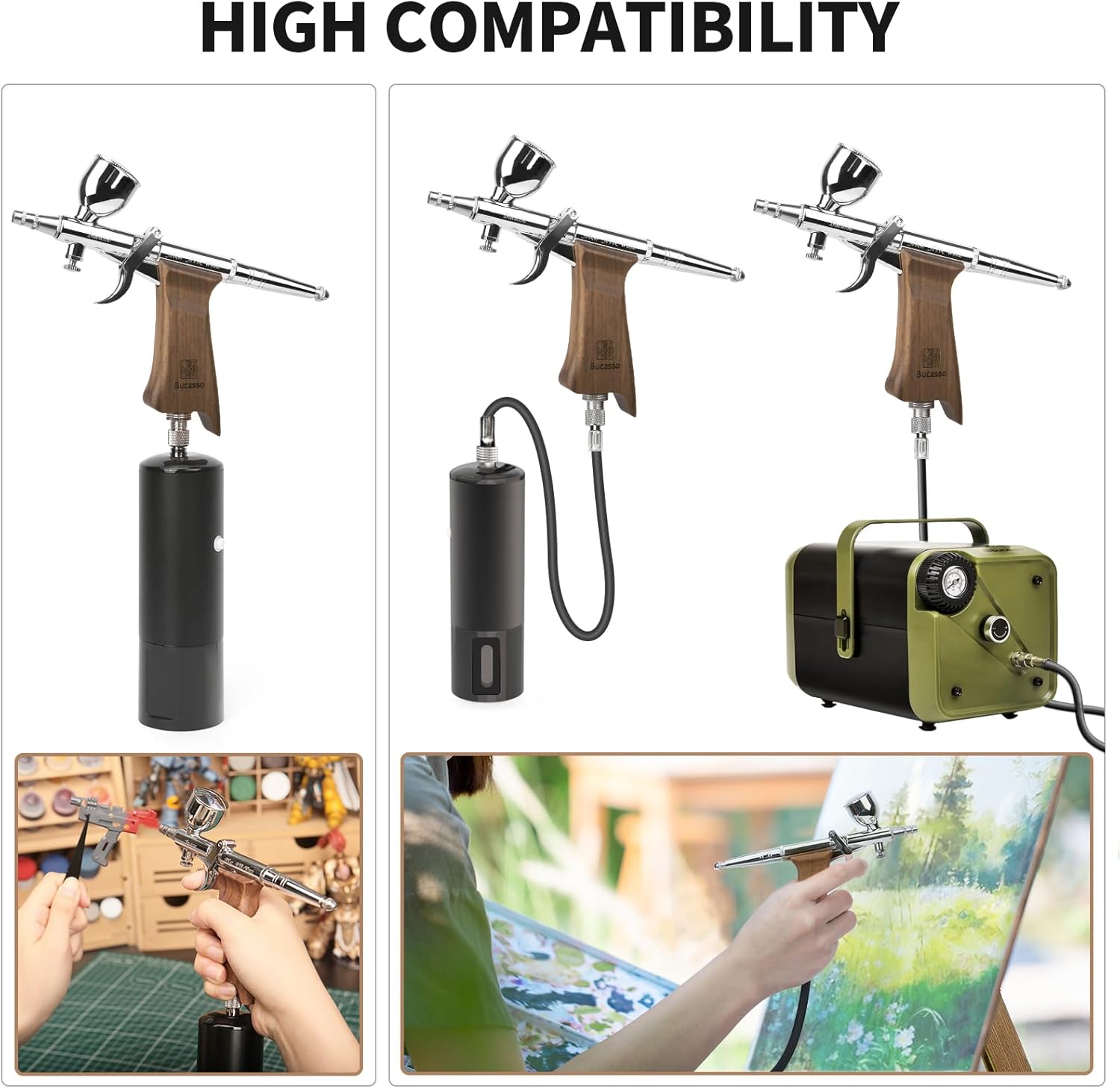 Bucasso Airbrush Kit, Air Brush Spray Gun with 0.3mm/0.5mm/0.8mm Needles/Nozzle Sets, 3cc/7cc/11cc Replaceable Fluid Cup for Painting Model Nails Cake Tattoo Makeup