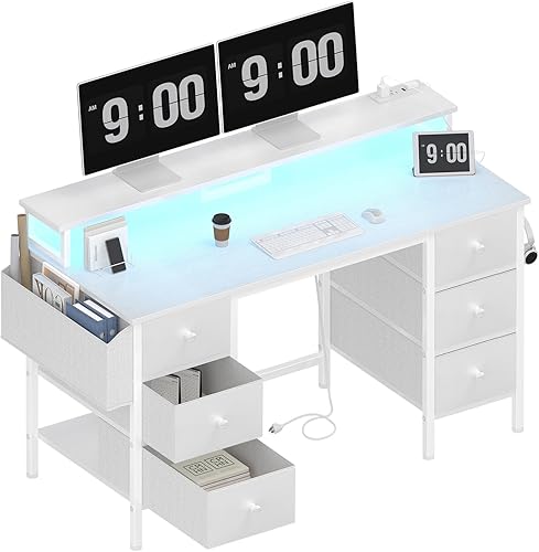 Lufeiya Escritorio blanco para juegos con cajones y estantes de almacenamiento, escritorio de oficina en casa de 47 pulgadas con soporte para
