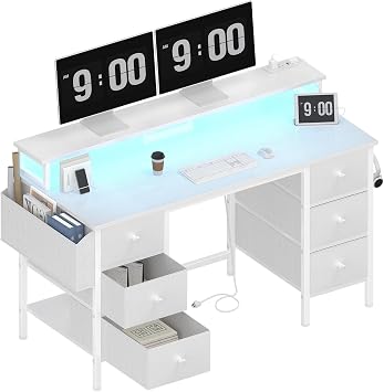 Lufeiya White Gaming Desk with Drawers & Storage Shelves, 47 inch Home Office Desk with Monitor Stand, Computer Desk with LED