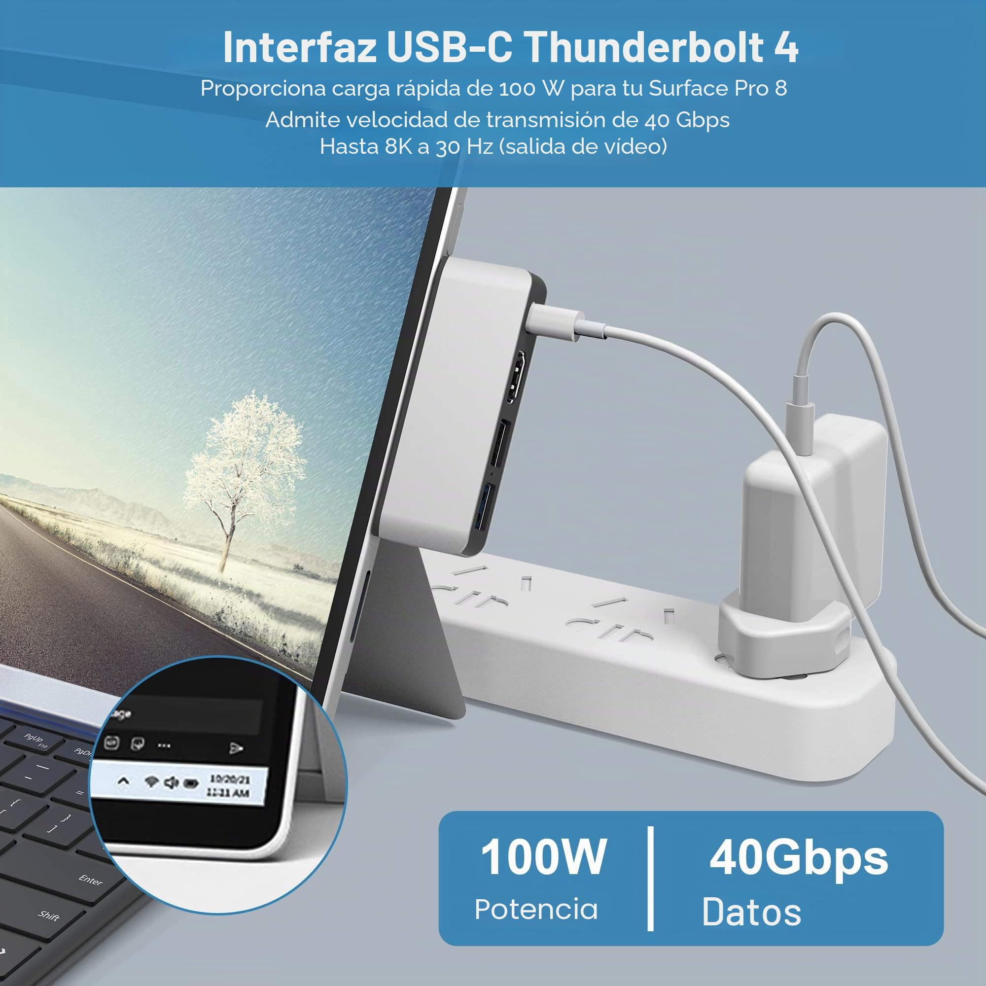 Hub USB C para Surface Pro 8, Estación de Acoplamiento 5 en 2 con HDMI 4K, Thunderbolt 4 (Pantalla + Carga PD + Datos), USB 3.0, USB 2.0, Ranura TF, Adaptador de Pantalla Dual para Surface Pro 8