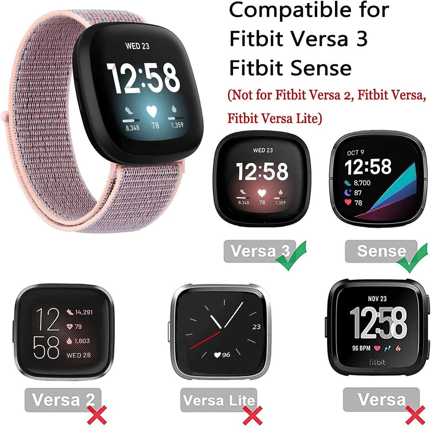 Adjustable Nylon Bands Compatible with Fitbit Sense Bands and Fitbit Versa 3 Bands for Women Men, Soft Breathable Replacement Strap Wristbands for Fitbit Versa 3 / Fitbit Sense (001, Black Sand/Pink Sand)