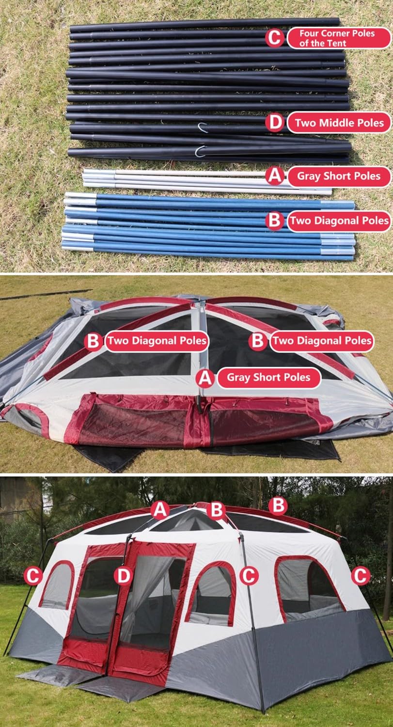 Tienda de campaña para 8-12 Personas, Ligera, Estable, Impermeable - Tienda Familiar con 2 dormitorios, Tienda Grande con Lona para el Suelo, 430 x 305 x 203 cm