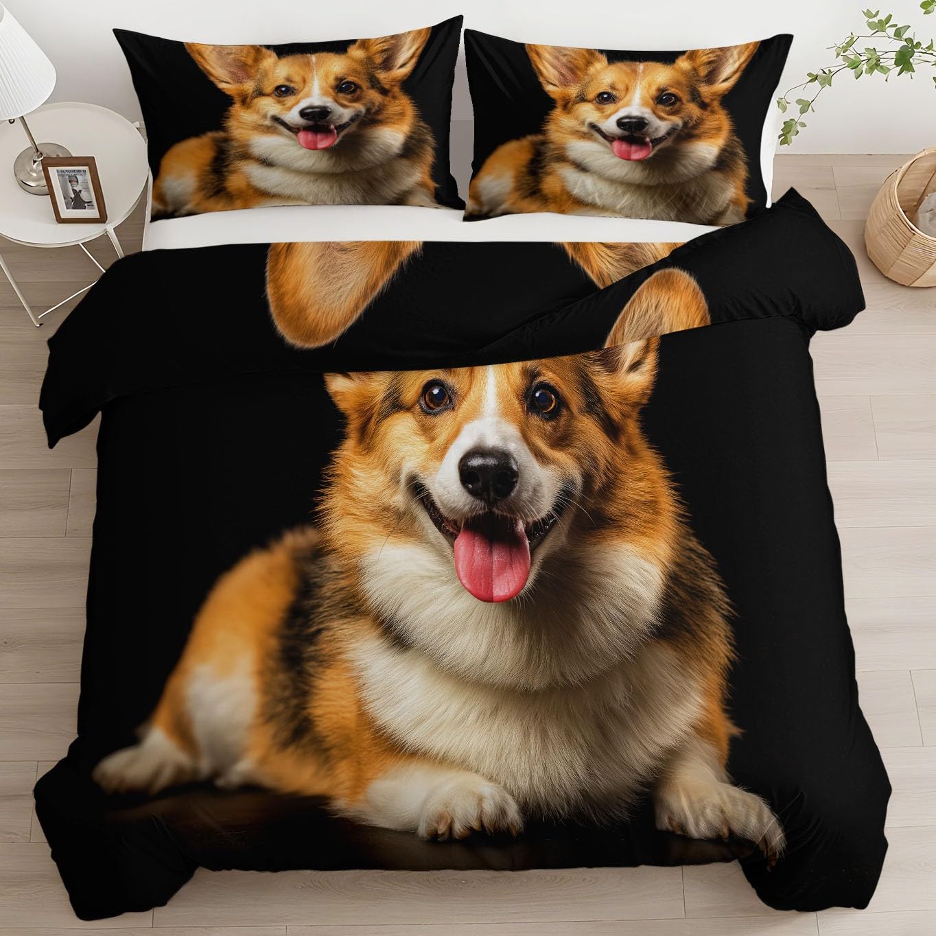 Housse de Couette 240x260 Corgi Anti-Pli Parure Lit Douce Noir