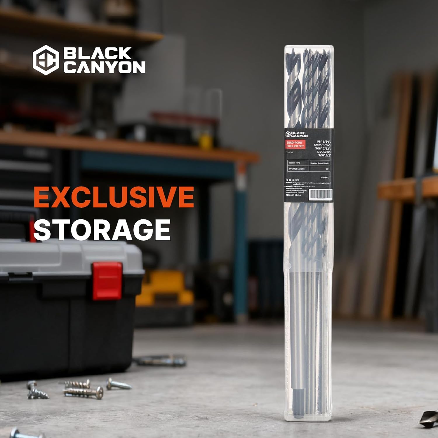 BLACK CANYON 10-Piece Brad Point Drill Bit Set, 12" Extra-Long Wood Drill Bits for Precise Woodworking, Long Drill Bit Set with 1/8" to 1/2" Sizes, HSS & Carbon Steel, Black & Bright Finish