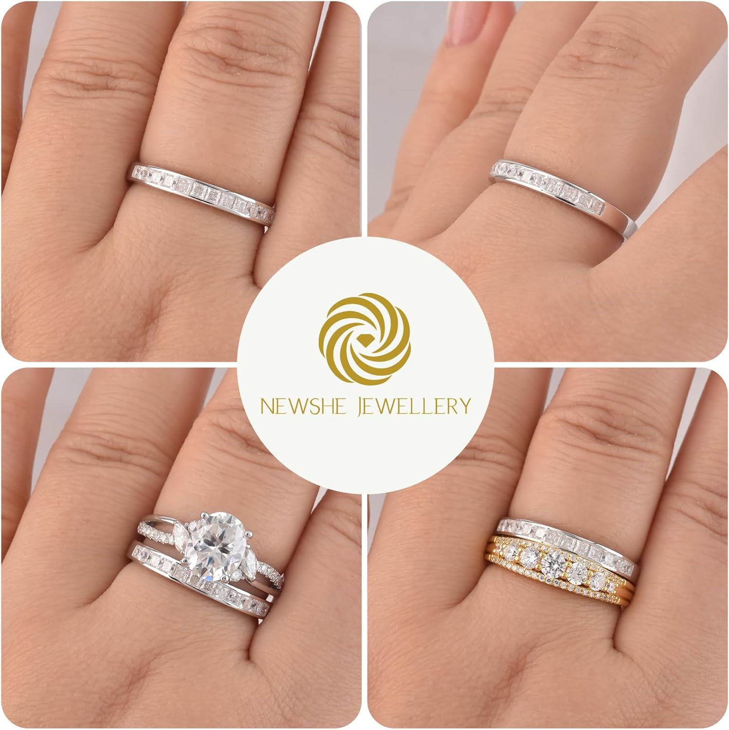 Newshe Jewellery Moissanite Wedding Bands for Women Eternity Rings 925 Sterling Silver Princess Cut Engagement Ring Pave Size