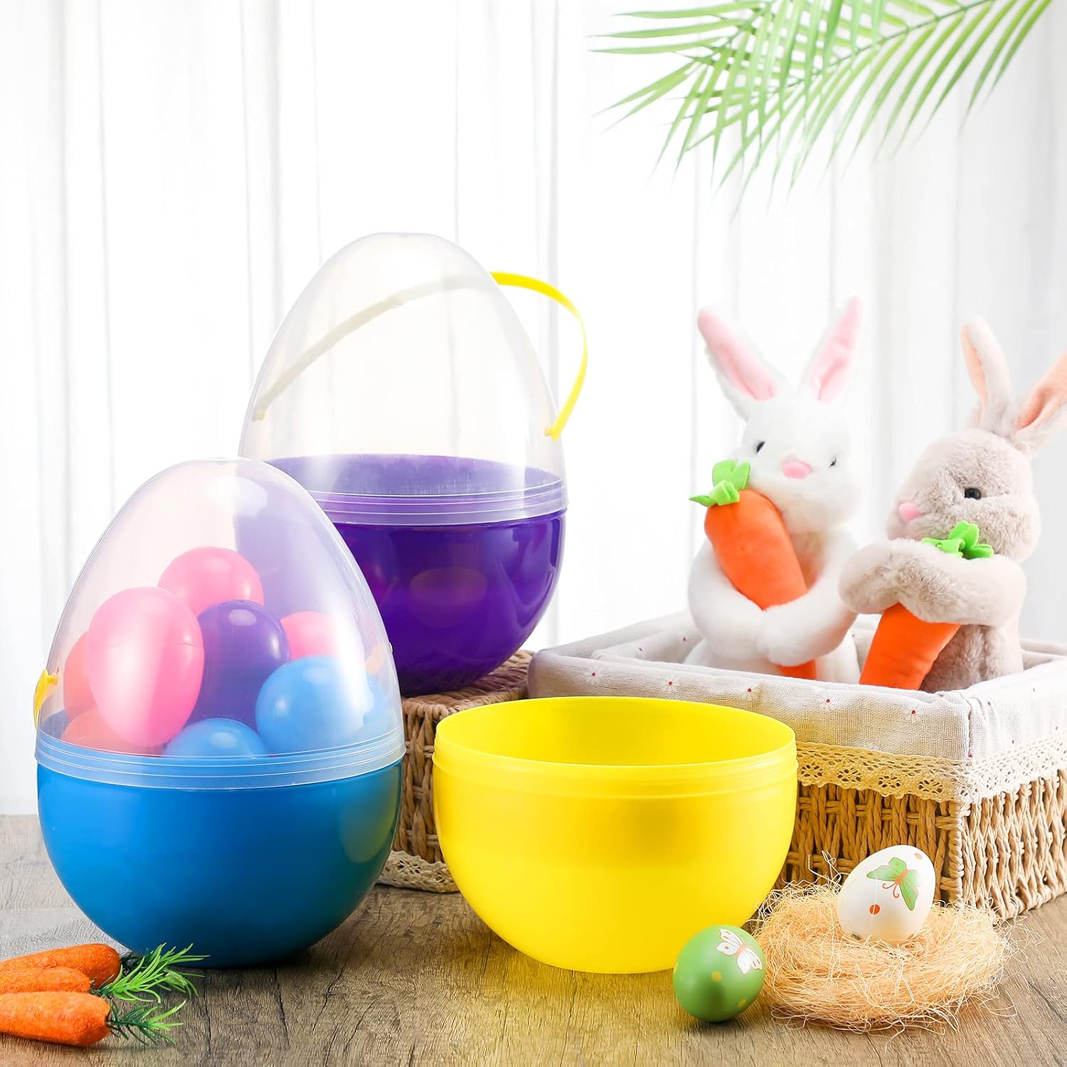 Chuangdi Set of 4 Giant Easter Eggs Jumbo Easter Eggs 10 Inch Plastic Fillable with Handles Large Clear Containers Shaped Buckets for Kids Boys Girls Hunt DIY Surprise Decoration