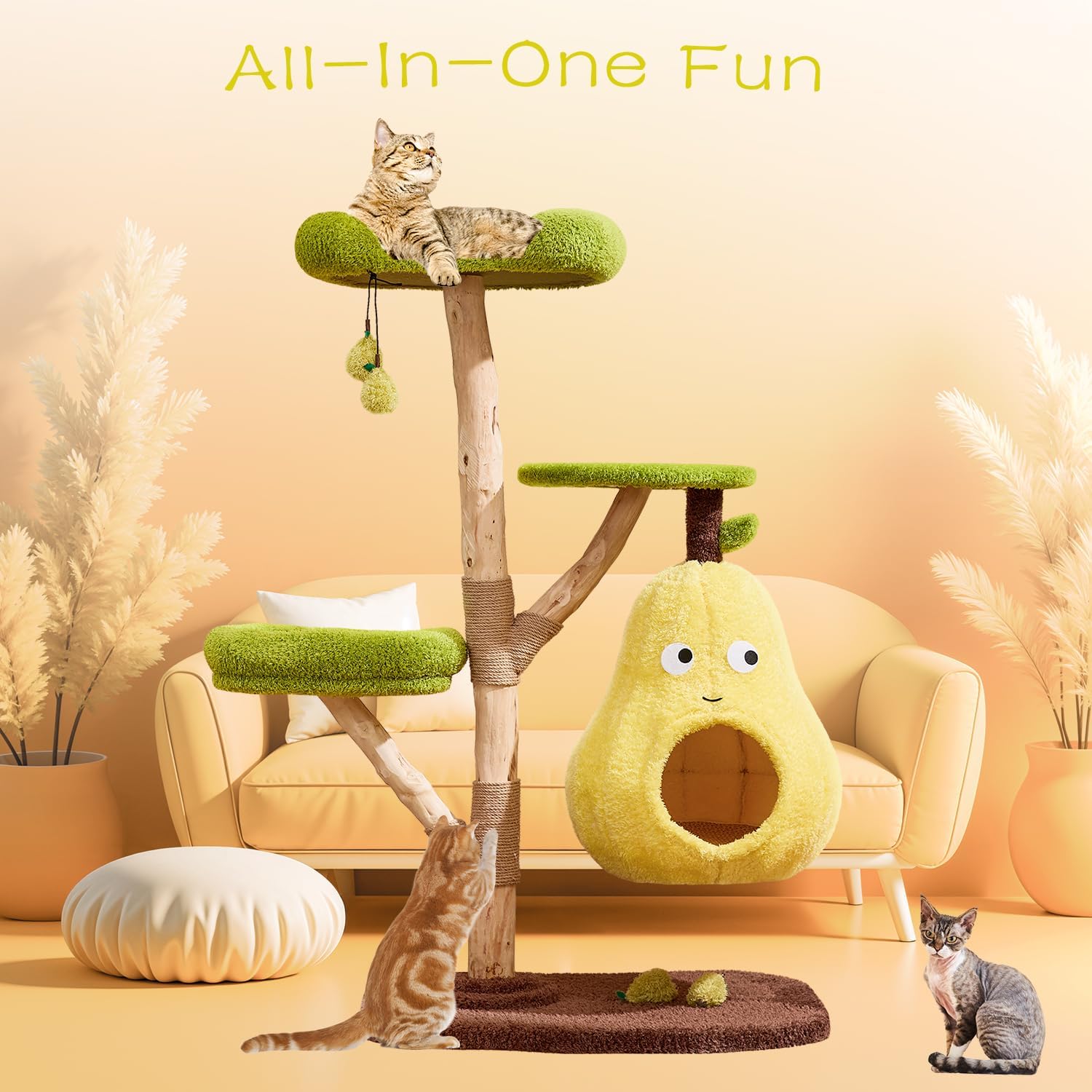 54'' Pear Luxury Cat Tree Tower, Solid Wood Cat Furniture for Multi-Cat Families, Cute Kitty Activity Center for Home Decoration, Spacious Condo with Removable Mat for Small Medium Large Cats