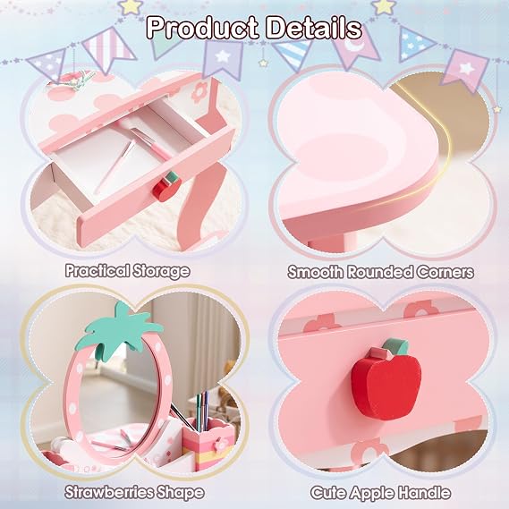 Vanity Set with Stool, Make Up Vanity Desk with Storage Space, Apple Pattern for Girls, Princess Makeup Dressing Table with Chair Set, Drawers & Accessories (White)