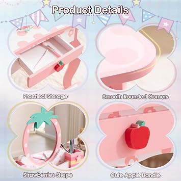 Vanity Set with Stool, Make Up Vanity Desk with Storage Space, Apple Pattern for Girls, Princess Makeup Dressing Table with Chair Set, Drawers & Accessories (White)
