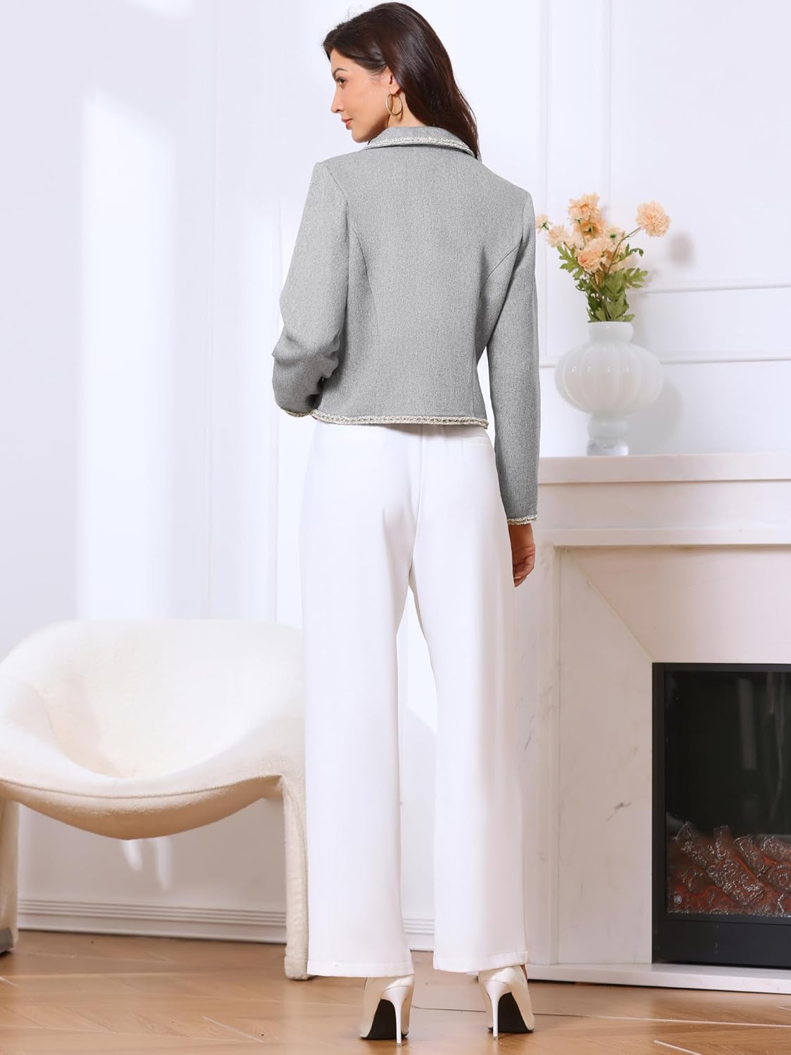 Allegra K Dressy Casual Tweed Jacket for Women's Elegant Double Breasted Long Sleeve Cropped Blazer - Image 3