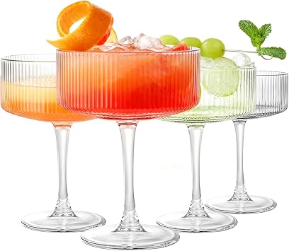 Martini Glasses Set of 4, 260 ml Ribbed Coupe Cocktail Glasses, Champagne Coupe Glasses for Espresso Martini, Cosmopolitan, Prosecco and Home Bar