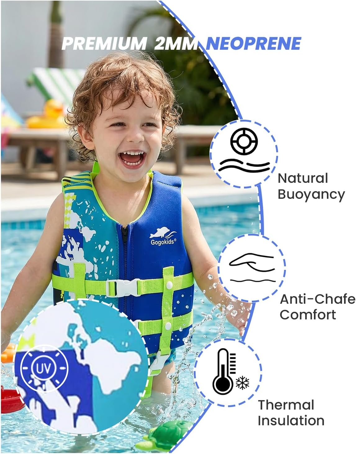 Gogokids Toddler Swim Vest, Premium Swim Vest for Kid Swimming Jacket for 30-40-50-60-70-80 Lbs Girls and Boys, Toddler Floaties Swimming Aid with Dual Safety Strap for 2-9 Years in Pool/Puddle/Beach