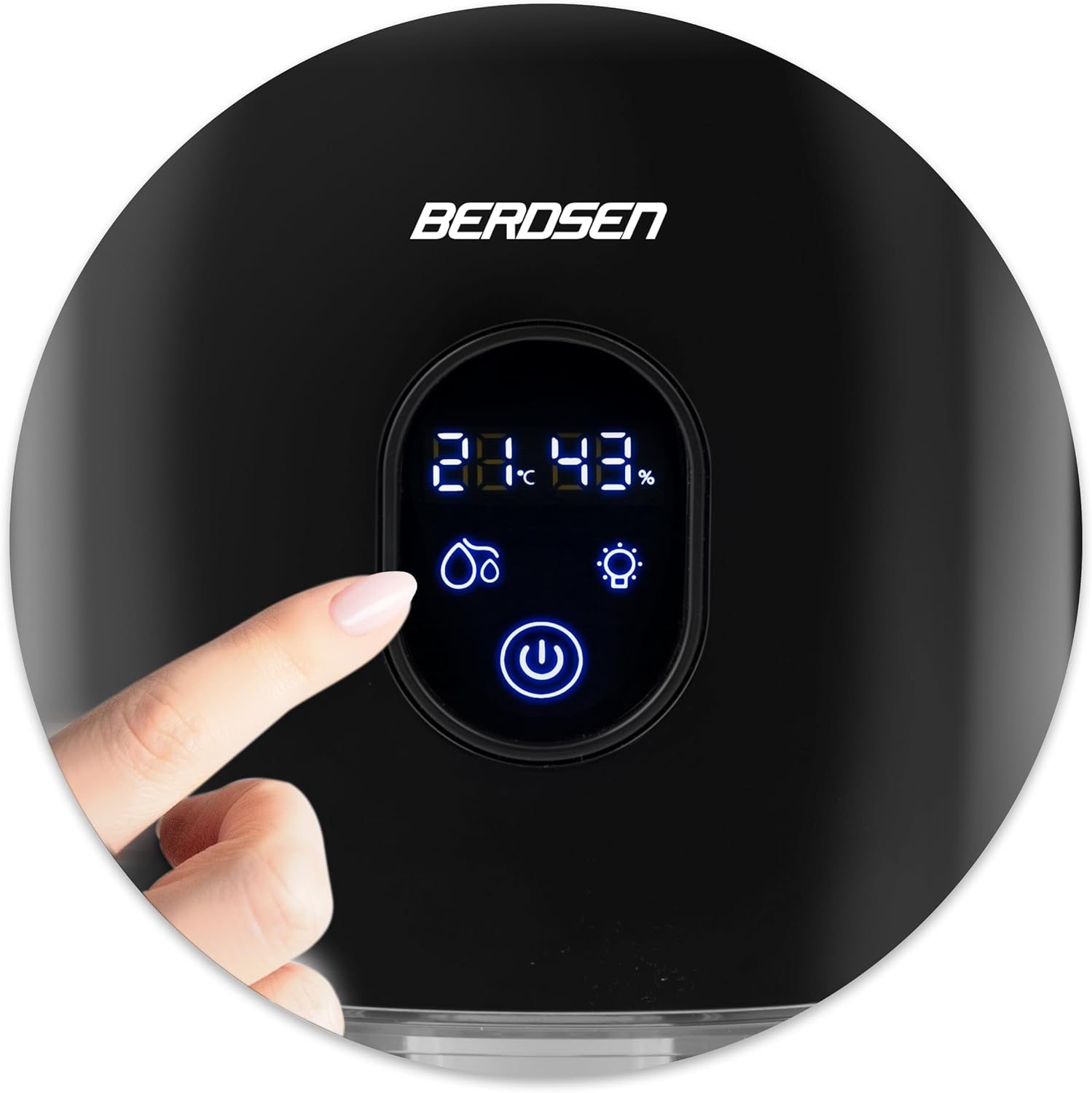 Finger pressing the control panel of the BERDSEN BR-10B Dehumidifier