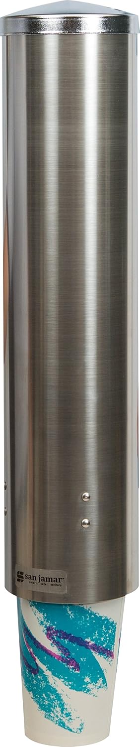 San Jamar Large Pull-Type Cup Dispenser 6-12 Oz. Flat Bottom Cups, 4.5 - 7 Oz Cone Cups with Flip Cap for Restaurants, Home, and Office, Stainless Steel, 16 Inches, Silver