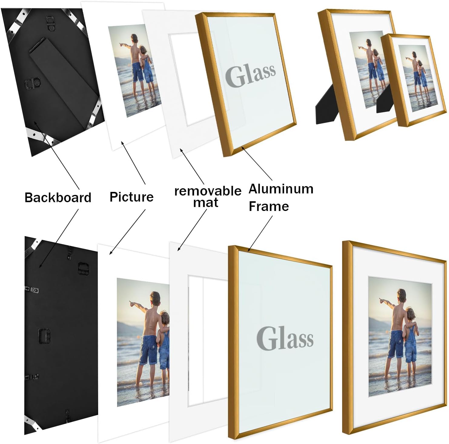 Golden State Art, Aluminum Gallery Wall Frame Set of 7 - Includes One 11x14, Two 8x10, and Four 5x7 - Metal Frames with Mat & Real Glass Cover for Elegant Home or Office Decor (Style 2, Bronze)