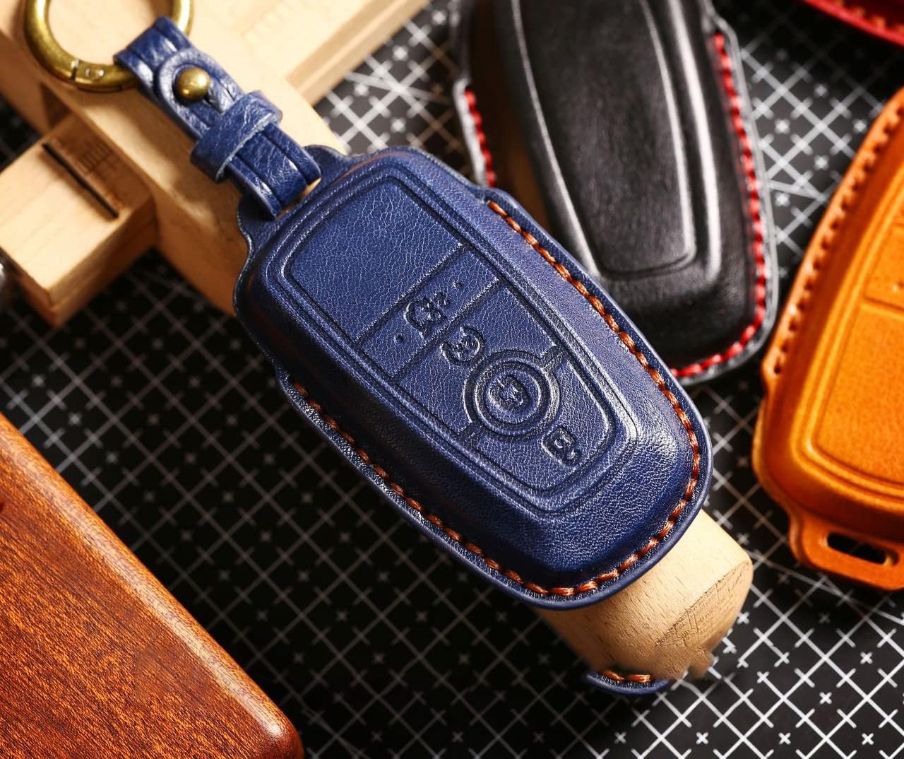 ontto 5-Button Leather Key Cover Fit for Ford Mustang Fusion Explorer Escape Stylish Key Fob Holder Protector Red