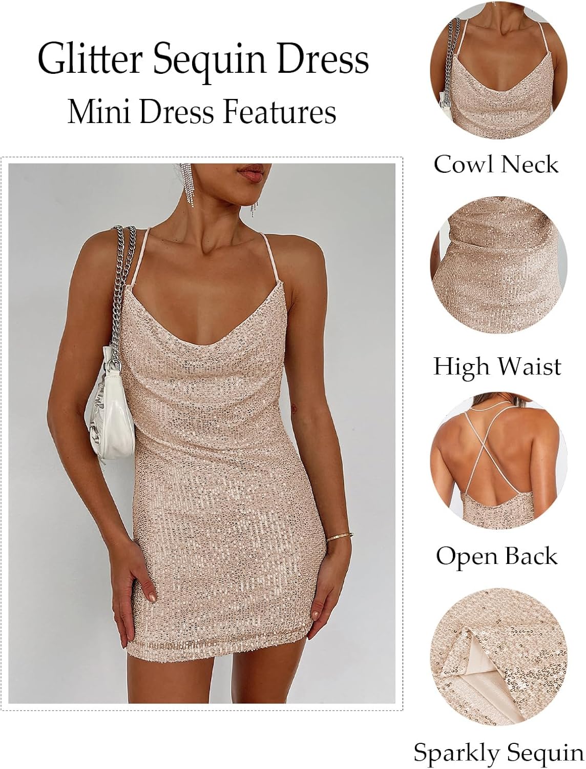 Women's Sequin Sparkly Glitter Dress Sexy Sleeveless Backless Spaghetti Strap Party Club Bodycon Mini Dress - Image 3