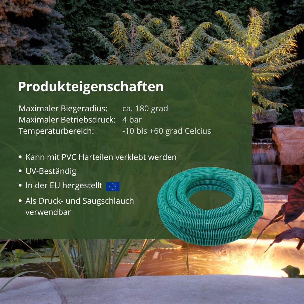 HeRo24 Spiralschlauch 38 mm 10 m Saugschlauch, Druckschlauch & Förderschlauch grün/transparent PVC-Schlauch für Teich, Garten, Pumpen & Filteranlagen
