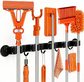 Magnetic Broom Mop Holder Wall Mount with 4 Hooks and 5 Rack