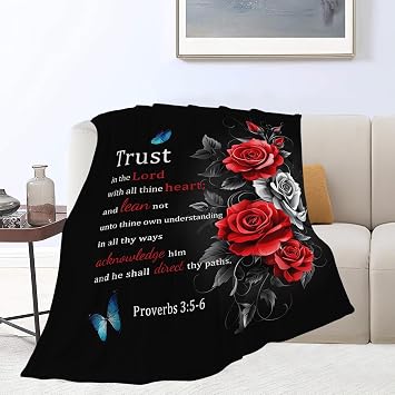 Christian Blanket Bible Verse Throw Blanket Red Rose Inspirational Religious Spiritual Gifts for Girls Boys Kids Adults Women Men Soft Cozy Plush Fluffy Fuzzy Fleece Blanket Decor 40''X50''