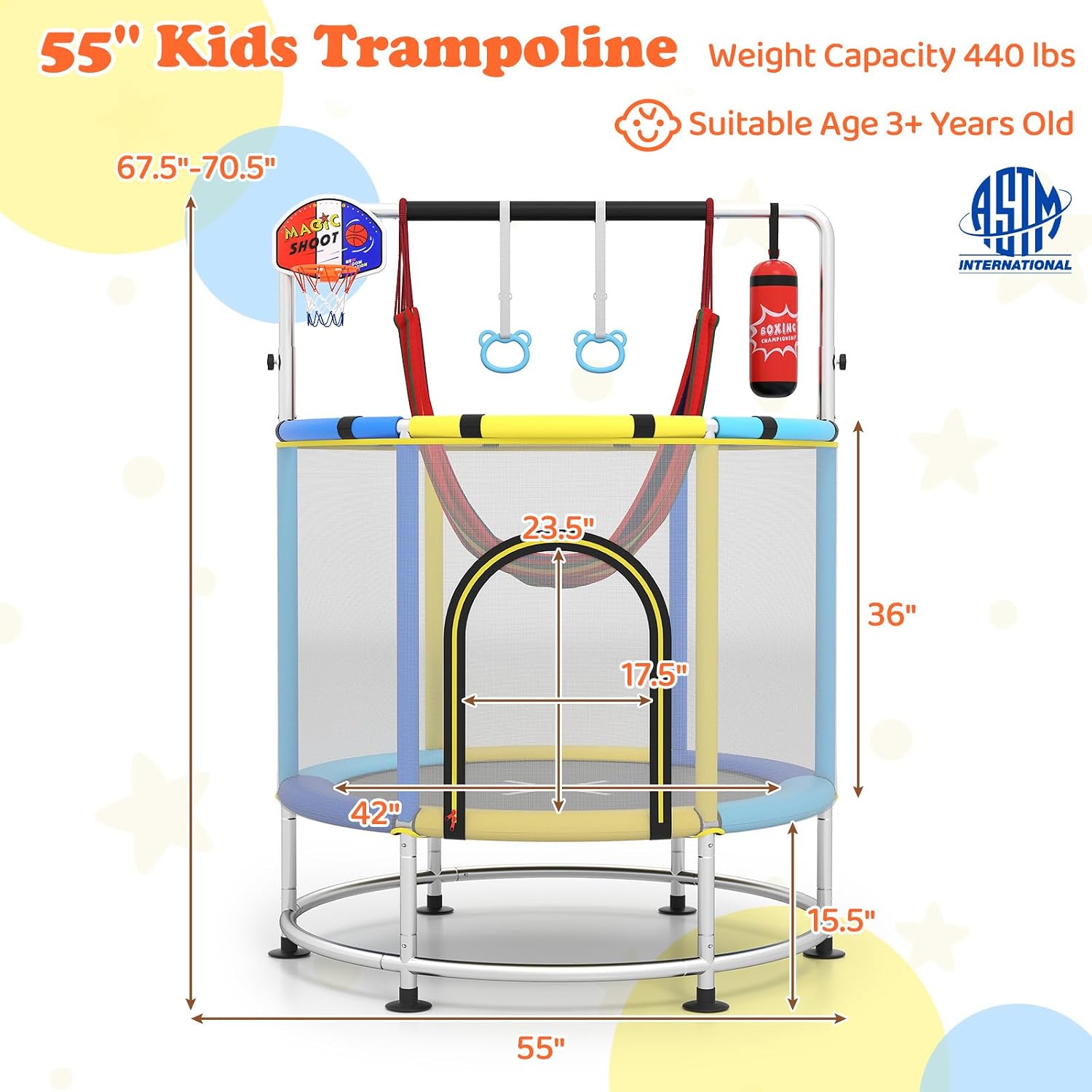 GYMAX 55" Trampoline for Kids, 440LBS 6 in 1 Toddler Rebounder with Swing, Basketball Hoop, Punching Bag, Rings & Bar, No-Gap Jumping Mat Mini Indoor Outdoor Trampoline
